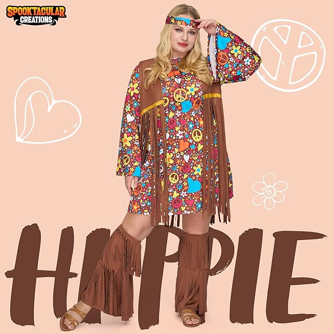 hippie dress halloween Costume: Women's Outfits length printed dress Flower Power Hippie Mini Dress