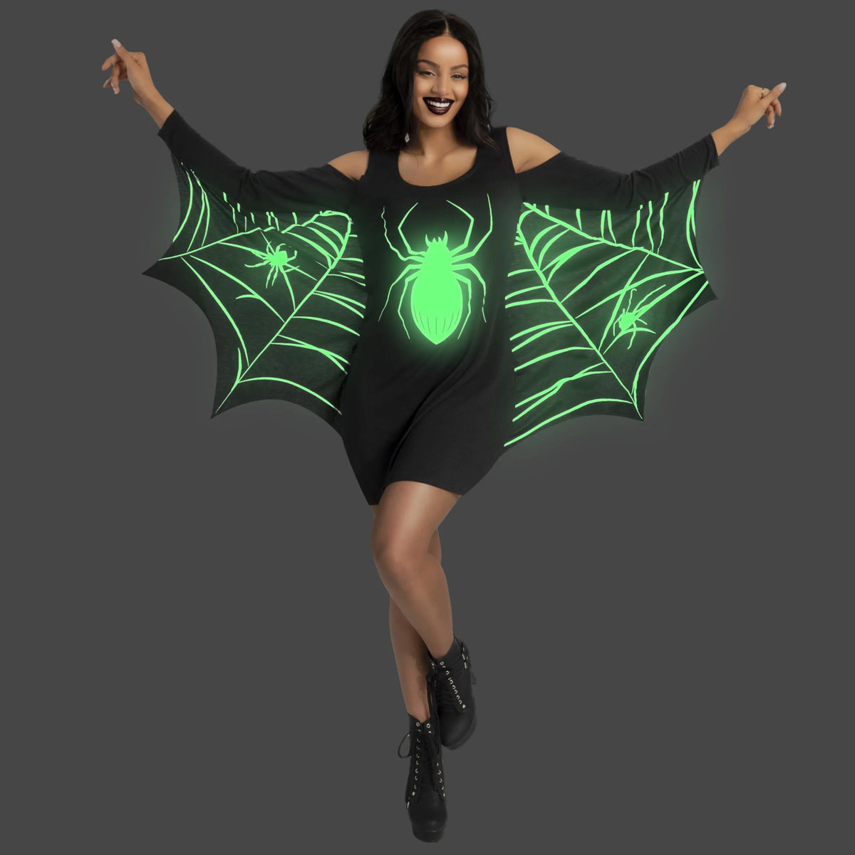 Women's Pumpkin Galaxy Bat Halloween Costume Dress - Smocked Flared Swing Dress