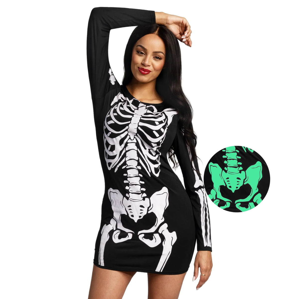 long skeleton dress Women Black Glow in the Dark Costume a ribbed collared neckline ProductID: 112010 Color:FrenchBlue Rose Gold Sequin Feather