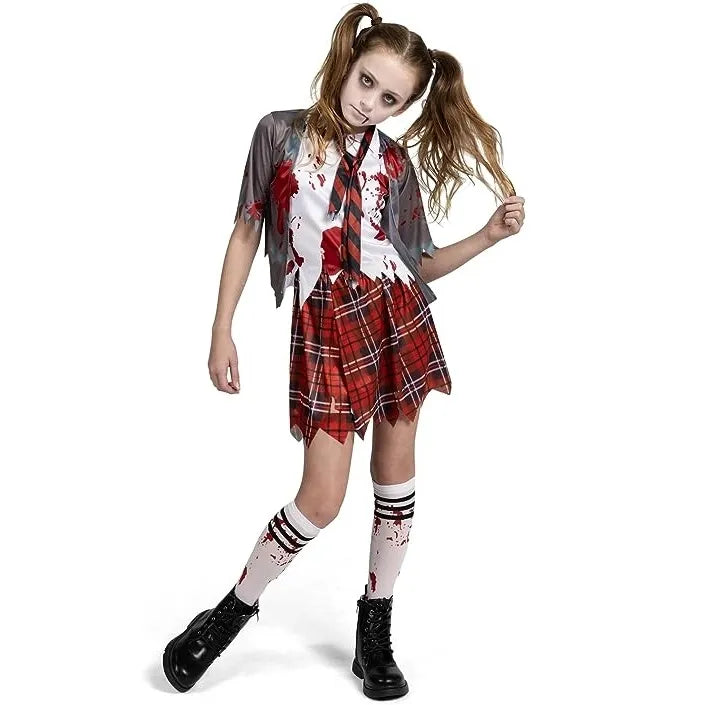 Spooktacular Creations Zombie Schoolgirl Costume, Halloween Girl Bloody Zombie Costume for Kids,Halloween, School, Event Party Dress Up