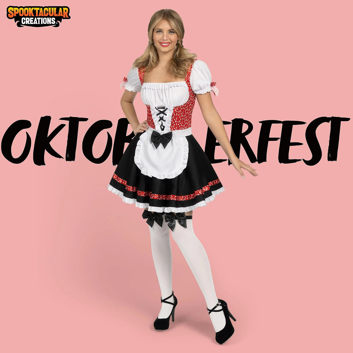 Women German Oktoberfest Costume Set, Black and Red German Beer Girl Dress, M