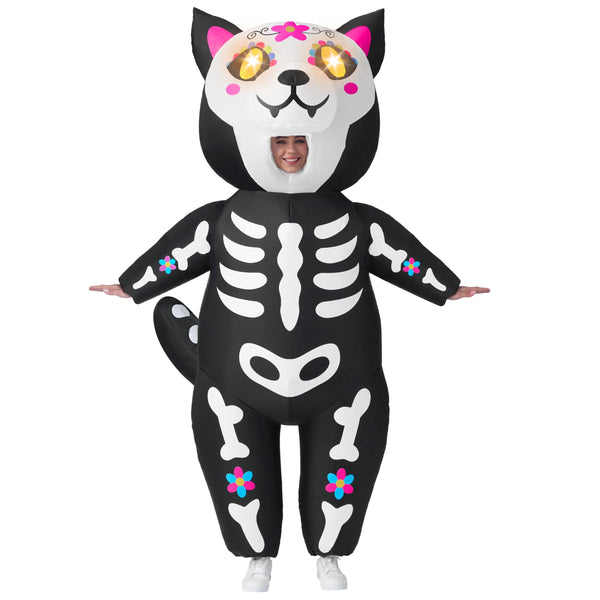 Adults Skeleton Cat Halloween Inflatable Costumes with LED Eyes