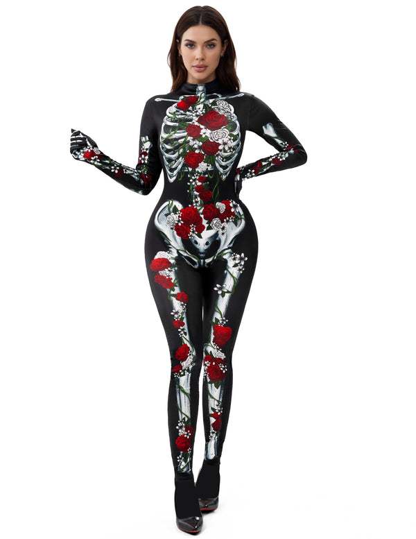 Halloween Women Floral Skeleton Jumpsuit Costume