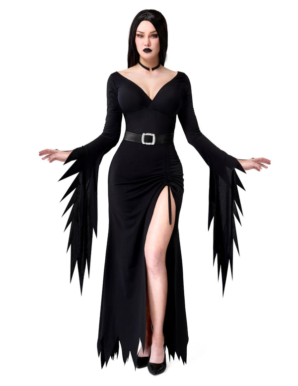 Long Black Gothic Dress, Classic With Belt