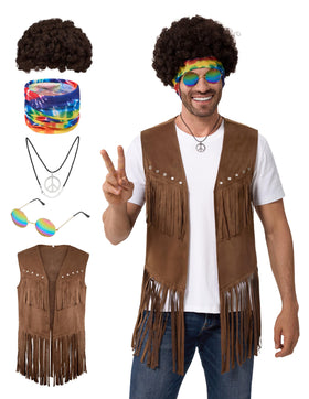 5 Pcs Halloween Men Hippie Vest Costume Set with Wig