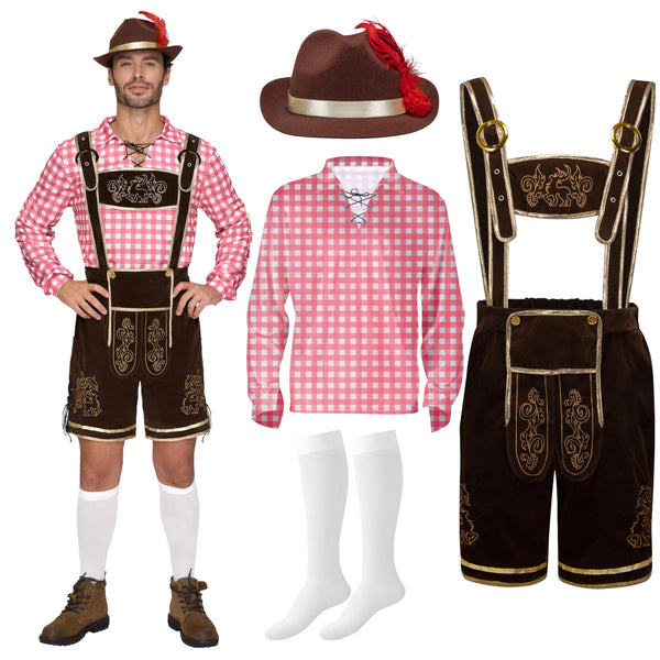 Men Lederhosen Oktoberfest Outfit Costume, Red