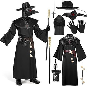 Men Plague Doctor Black Costume Set with Hat, Mask, Shawl, Robe, Gloves, Belt, Garlic, Scepter