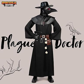 Men Plague Doctor Black Costume Set with Hat, Mask, Shawl, Robe, Gloves, Belt, Garlic, Scepter
