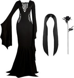 Women Black Gothic Vintage Dress Costume Floor Length Witch Dress
