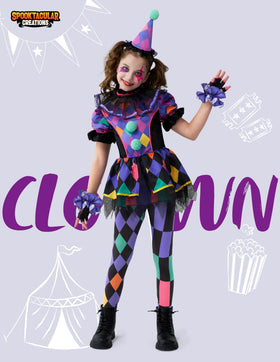 Dark Colorful Twisted Clown Jester Costume for Kids