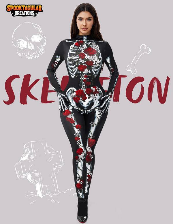 Halloween Women Floral Skeleton Jumpsuit Costume