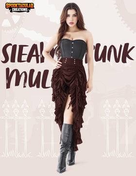 Women Steampunk Mullet Skirt Costume-Brown