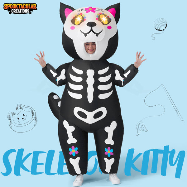 Adults Skeleton Cat Halloween Inflatable Costumes with LED Eyes