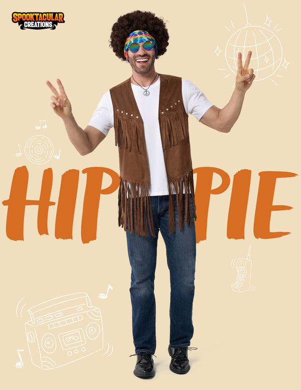 5 Pcs Halloween Men Hippie Vest Costume Set with Wig