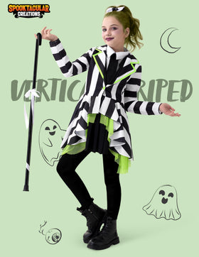 Horror Black and White Vertical Striped Costume for Girls