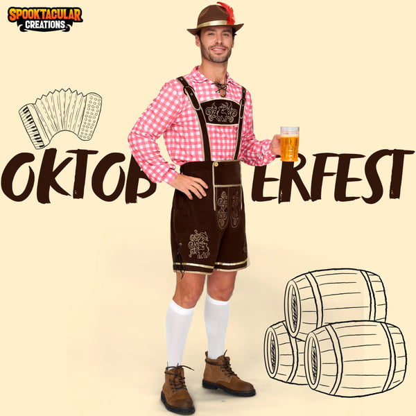 Men Lederhosen Oktoberfest Outfit Costume, Red
