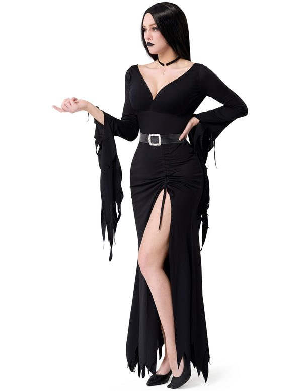 Long Black Gothic Dress, Classic With Belt
