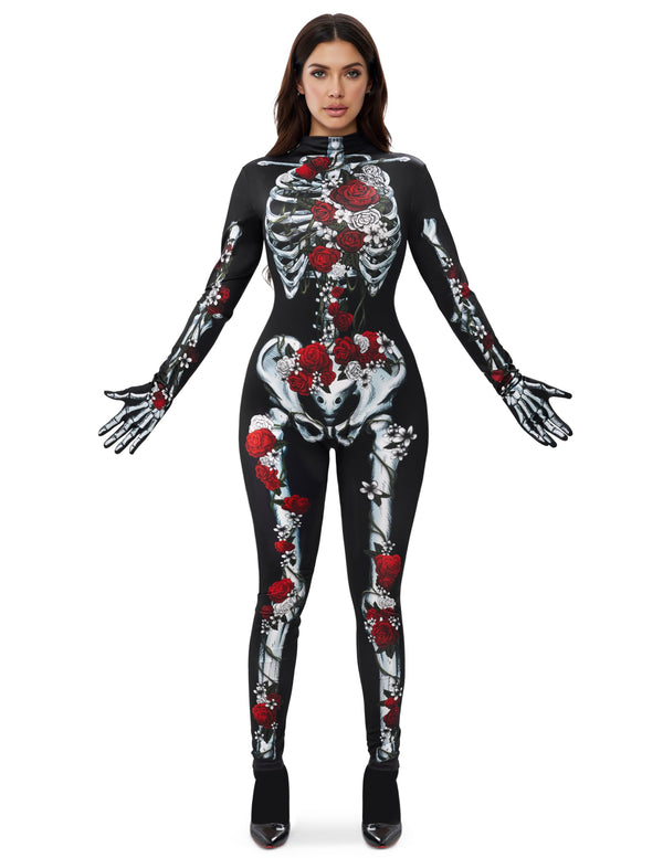 Halloween Women Floral Skeleton Jumpsuit Costume