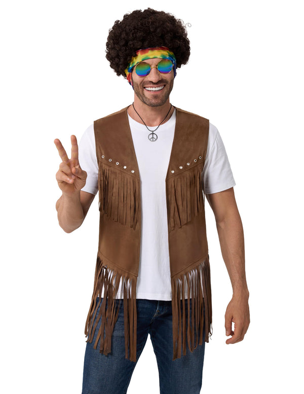 5 Pcs Halloween Men Hippie Vest Costume Set with Wig