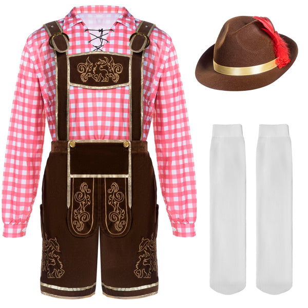 Men Lederhosen Oktoberfest Outfit Costume, Red
