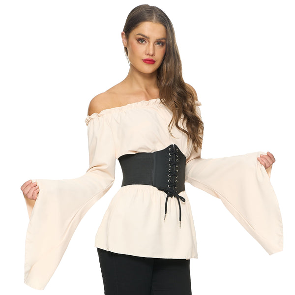 Renaissance Pirate Top Shirt Costume Women-Beige