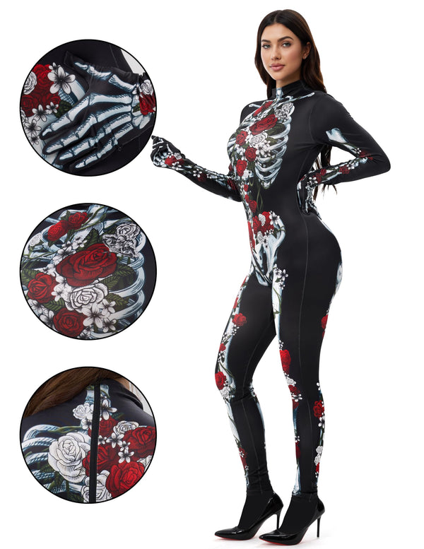 Halloween Women Floral Skeleton Jumpsuit Costume