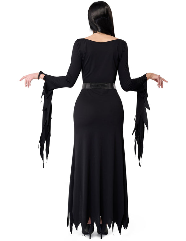 Long Black Gothic Dress, Classic With Belt