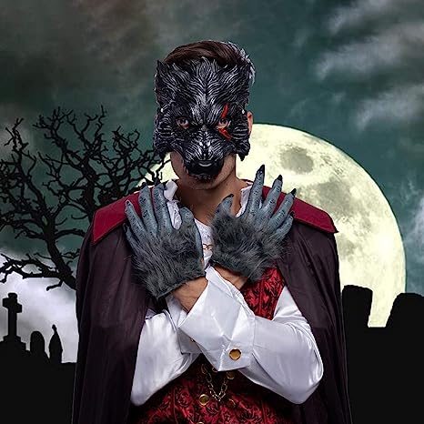 Realistic Werewolf Mask Big Bad Bloody Howling Wolf Cosplay Costume with Bloodstains Include Gloves - Adult