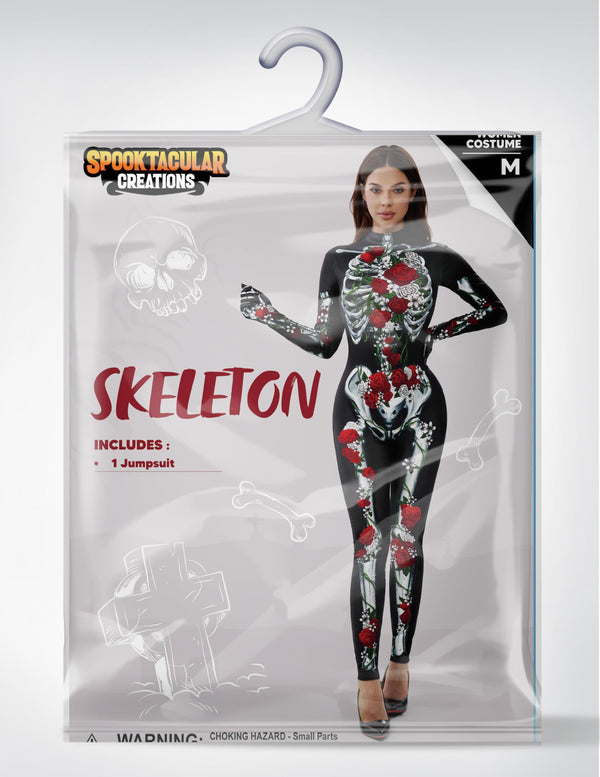 Halloween Women Floral Skeleton Jumpsuit Costume