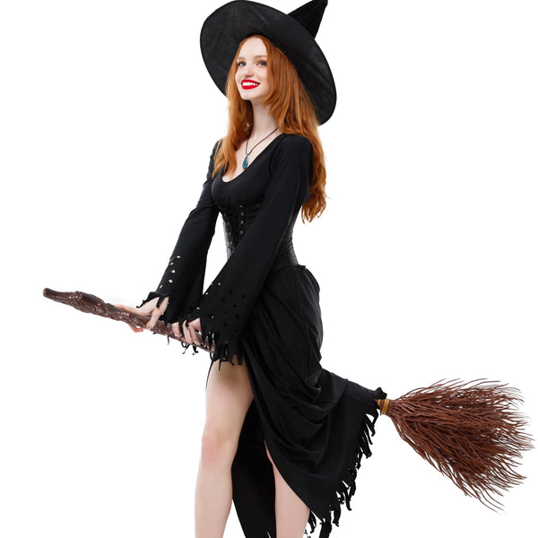 Halloween Witch Vine-Patterned Broom Brown Cane