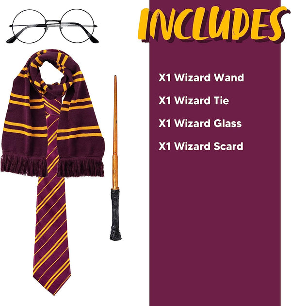 Wizard costume accessories set with glasses, tie, wand and scarf