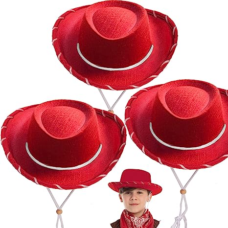 Red Felt Cowboy Hats for Kids Cosplay Accessories, 3 Pack