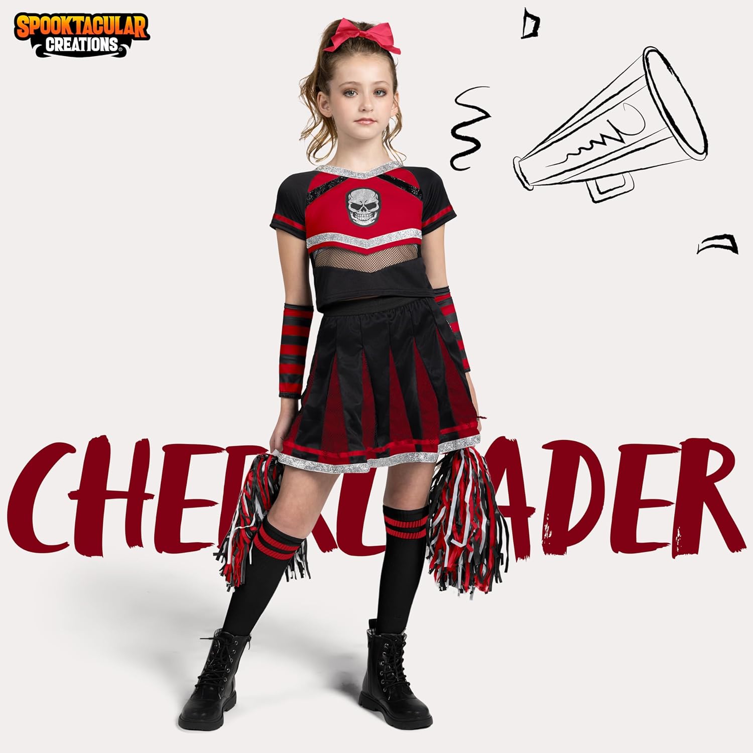 Costume Da Cheerleader Vampiro Per Bambina, Colore Nero E Rosso Con Stampe Di Bare E Pipistrelli, Vestito Per Halloween Per Bambini, Taglie Dalla S Alla XL