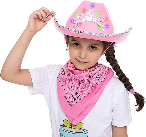 LED Pink Cowboy Hat with 3 Bandanas for Cosplay