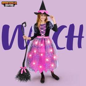 Witch Costume Kids, Light Up Halloween Costumes Witch Dress with Hat and Broom for Girls