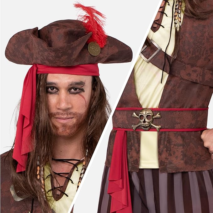 Wizland Men's Pirate Costume Set - 4-Piece Sea Captain Outfit With Shirt, Pants, Belt & Headpiece