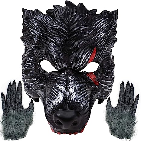 Realistic Werewolf Mask Big Bad Bloody Howling Wolf Cosplay Costume with Bloodstains Include Gloves - Adult