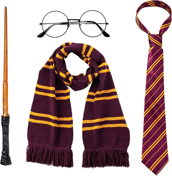 Wizard costume accessories set with glasses, tie, wand and scarf