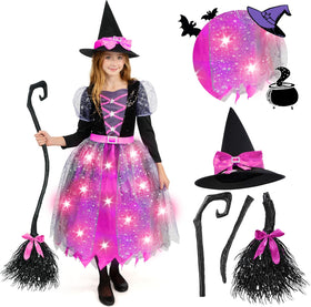 Witch Costume Kids, Light Up Halloween Costumes Witch Dress with Hat and Broom for Girls