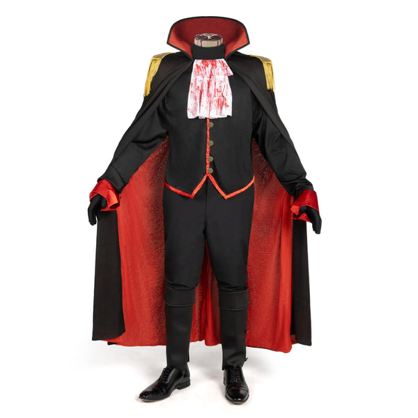 Adult Black Headless Horseman Costume Set, includes Vest with Cape, Hood, Boot Covers, Gloves