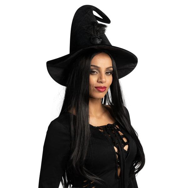 Black Curly Witch Hat with Feather Halloween Costume Accessory