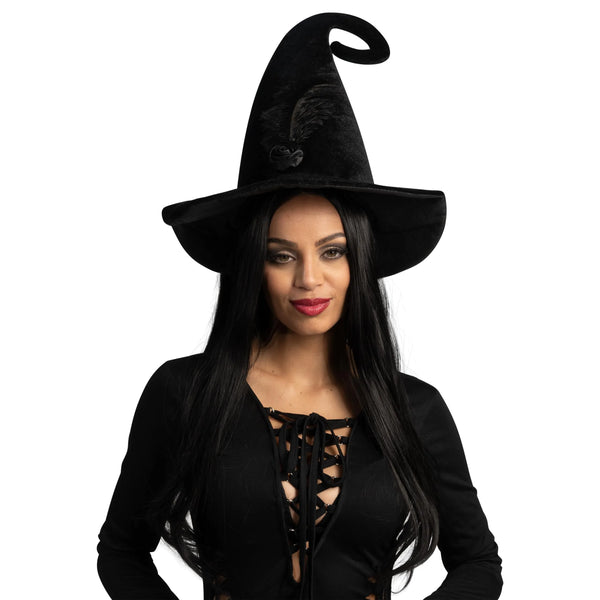 Black Curly Witch Hat with Feather Halloween Costume Accessory
