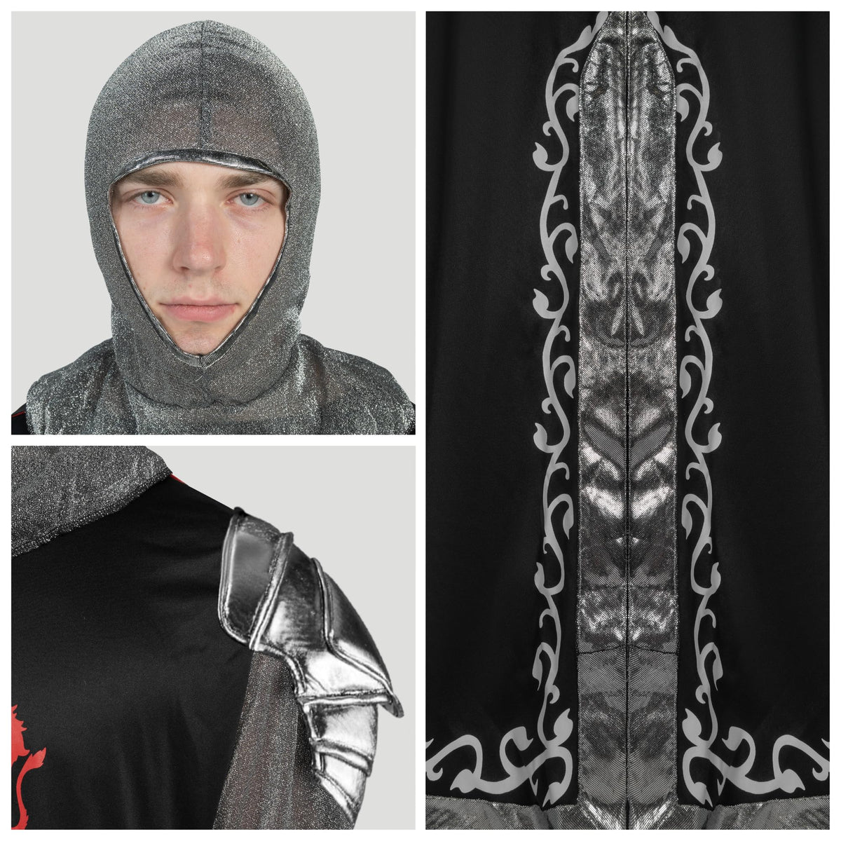 Black Men's Medieval Knight Costume with Armor Cape Tunic Hood ...