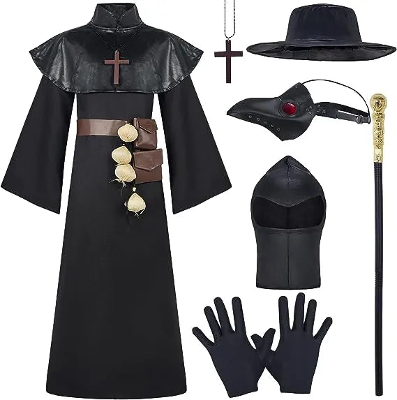 Black Plague Doctor Costumes Set, 10 in 1 Halloween Beak Mask Plague
