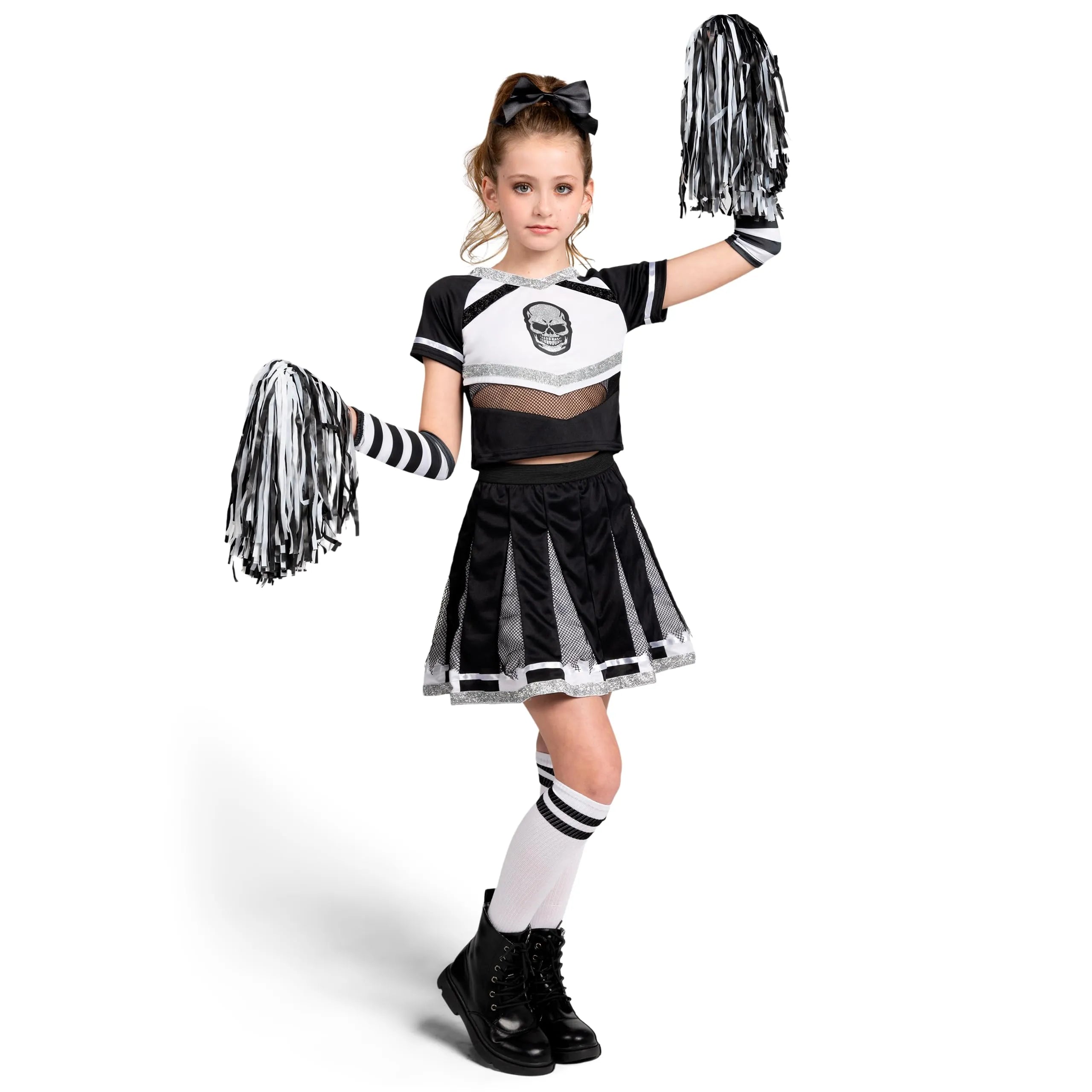 Girls Fear Leader Zombie Cheerleader Costume - Halloween Dress Up Set With Pom Poms - View #2