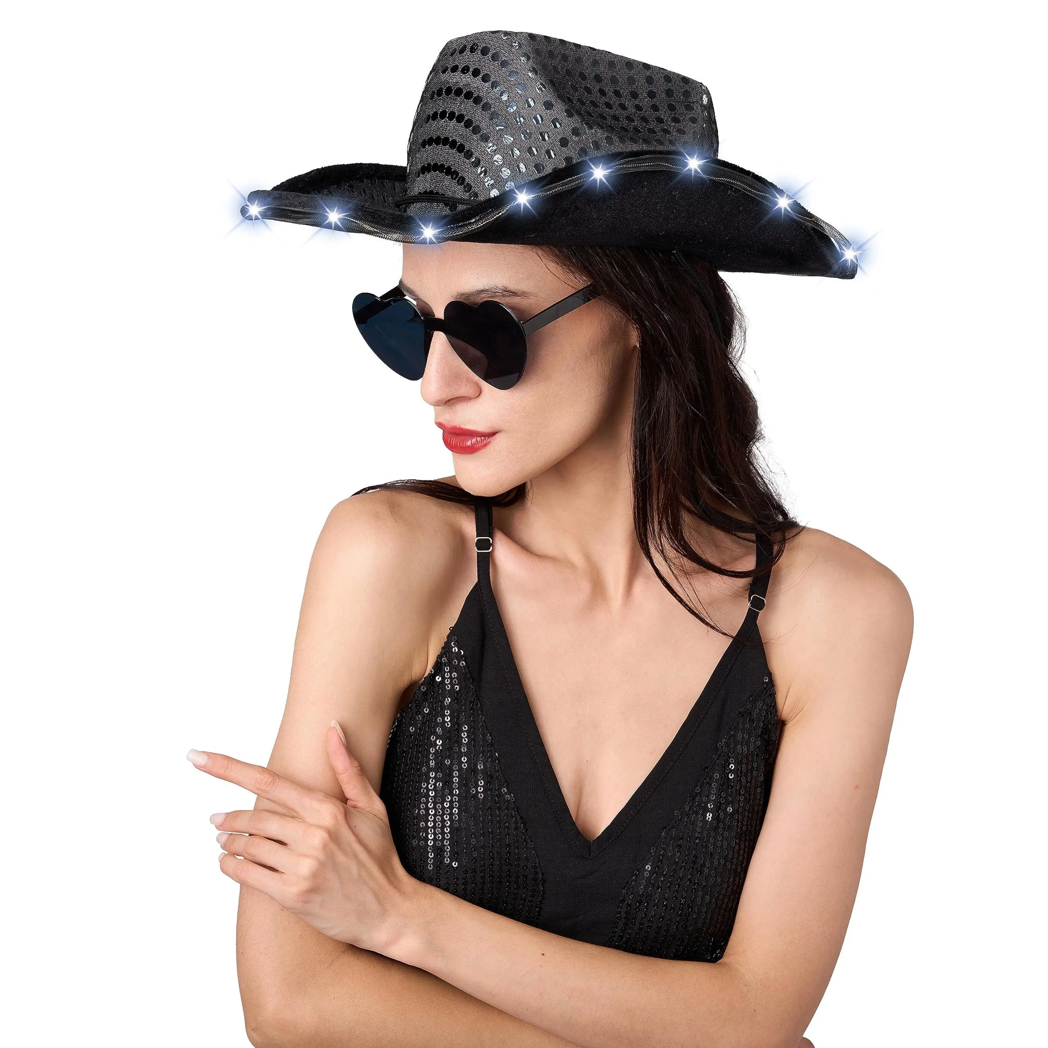 Black Sequin Light-Up Cowboy Hat with Glasses for Women Girls Hallowee