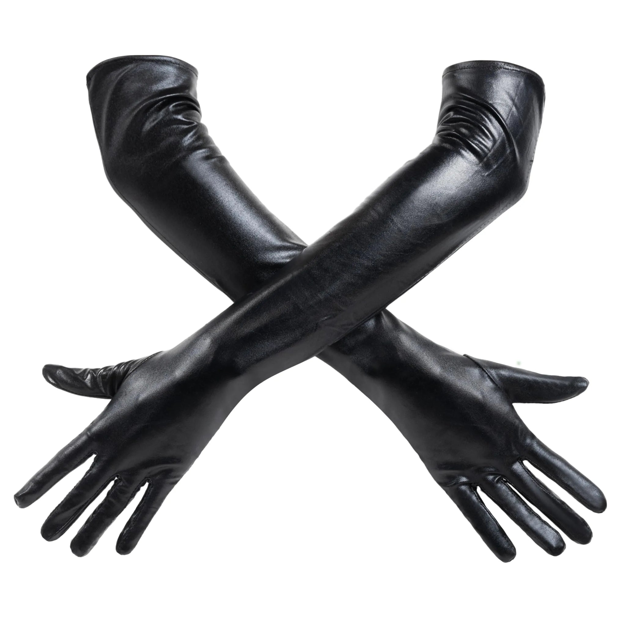 Black Wet Look Long Gloves, Faux Patent Leather Dress Gloves Accessory | Spooktacular Creations Black Wet Look Long Gloves, Faux Patent Leather Dress Gloves Accessory | Spooktacular Creations