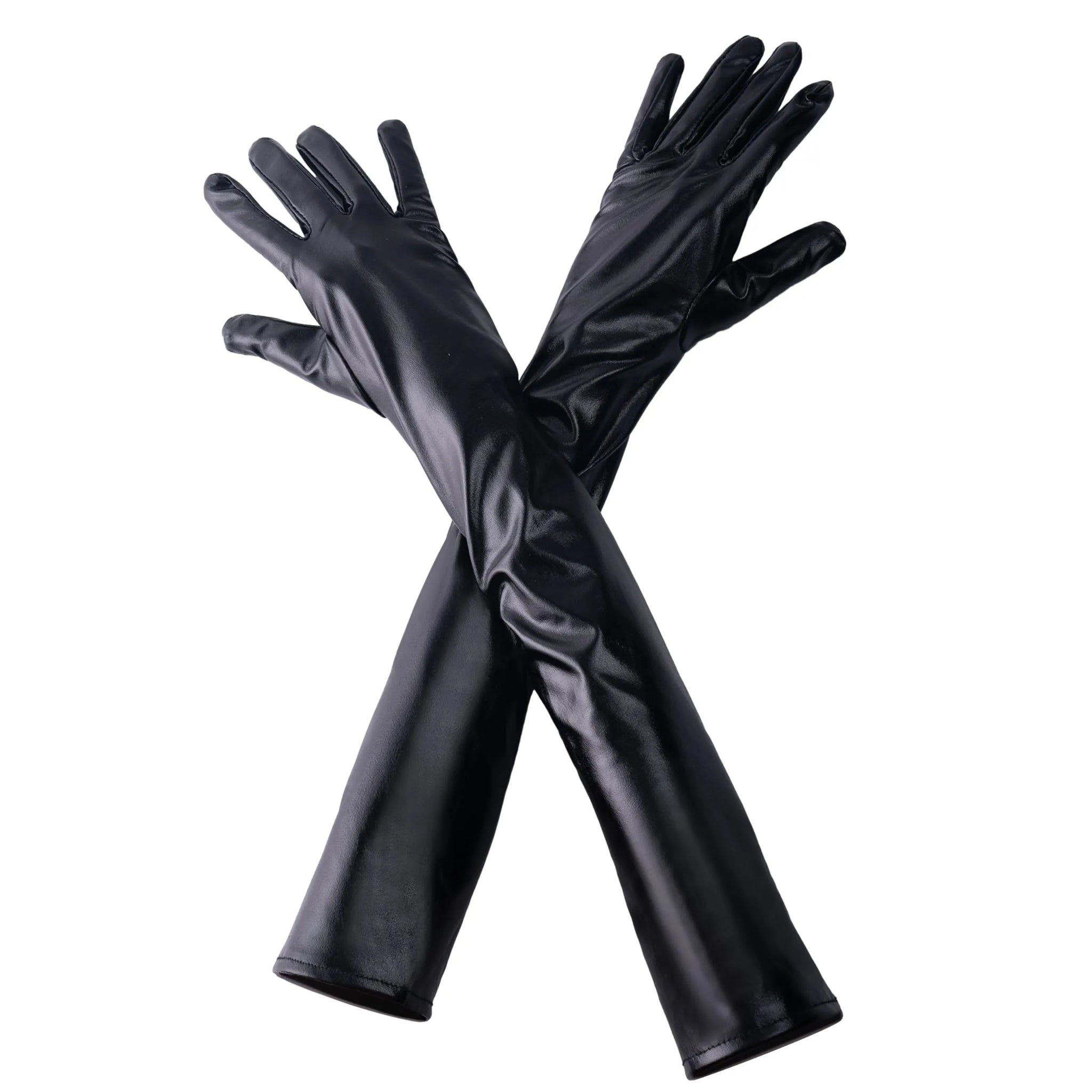 Black Wet Look Long Gloves, Faux Patent Leather Dress Gloves Accessory | Spooktacular Creations Black Wet Look Long Gloves, Faux Patent Leather Dress Gloves Accessory | Spooktacular Creations