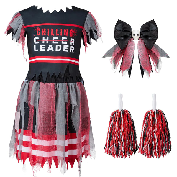 Black and Red Dreadful Cheerleader Zombie Fearleader Costume for Girls
