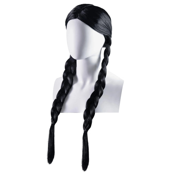 Braided Black Pigtail Wig with Hair Net for Girls Halloween Costume Accessory